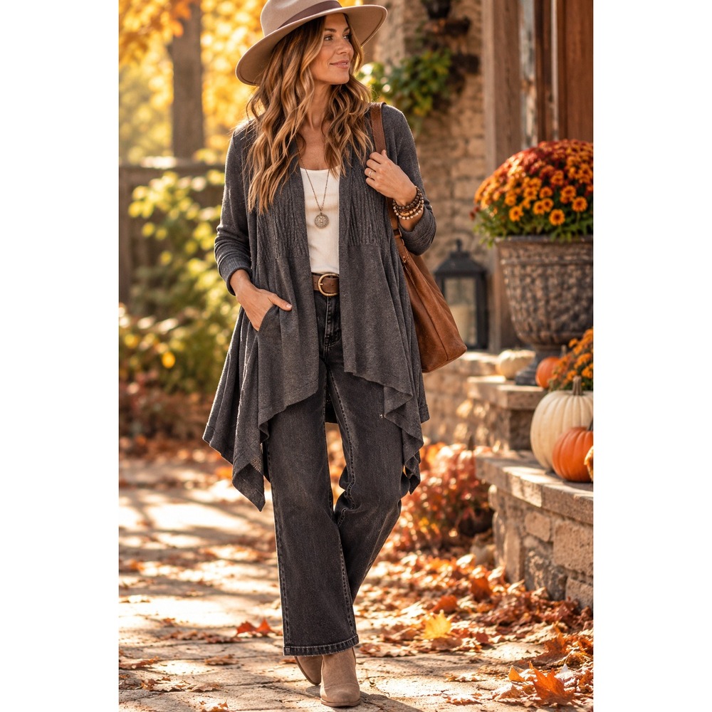 XCVI Womens Charcoal Gray Open Front Draped Cardigan Shoulder Embroidery L 10674